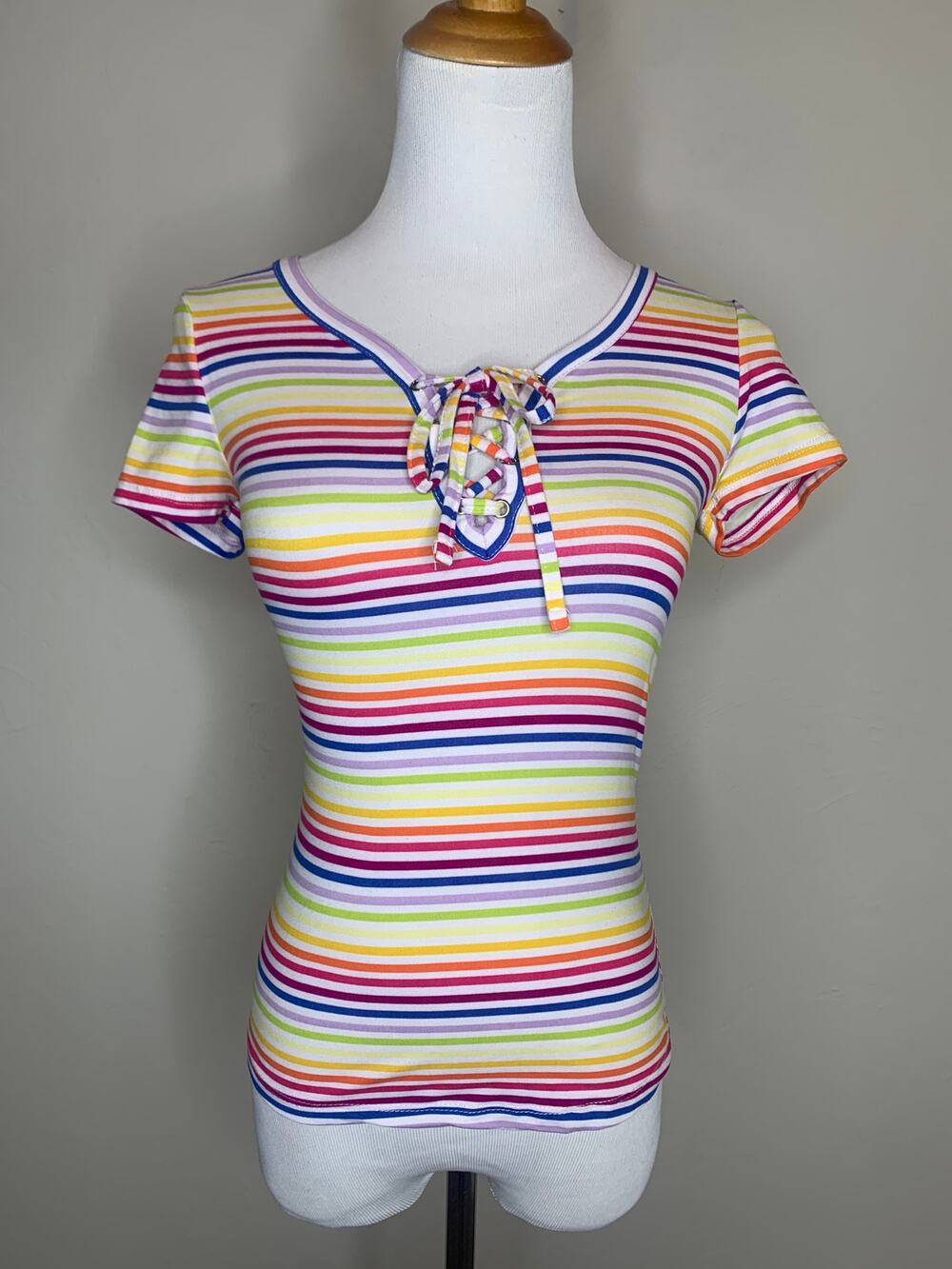 Kidcore Y2K Rainbow Striped Lace Up Front Shirt Sz XS